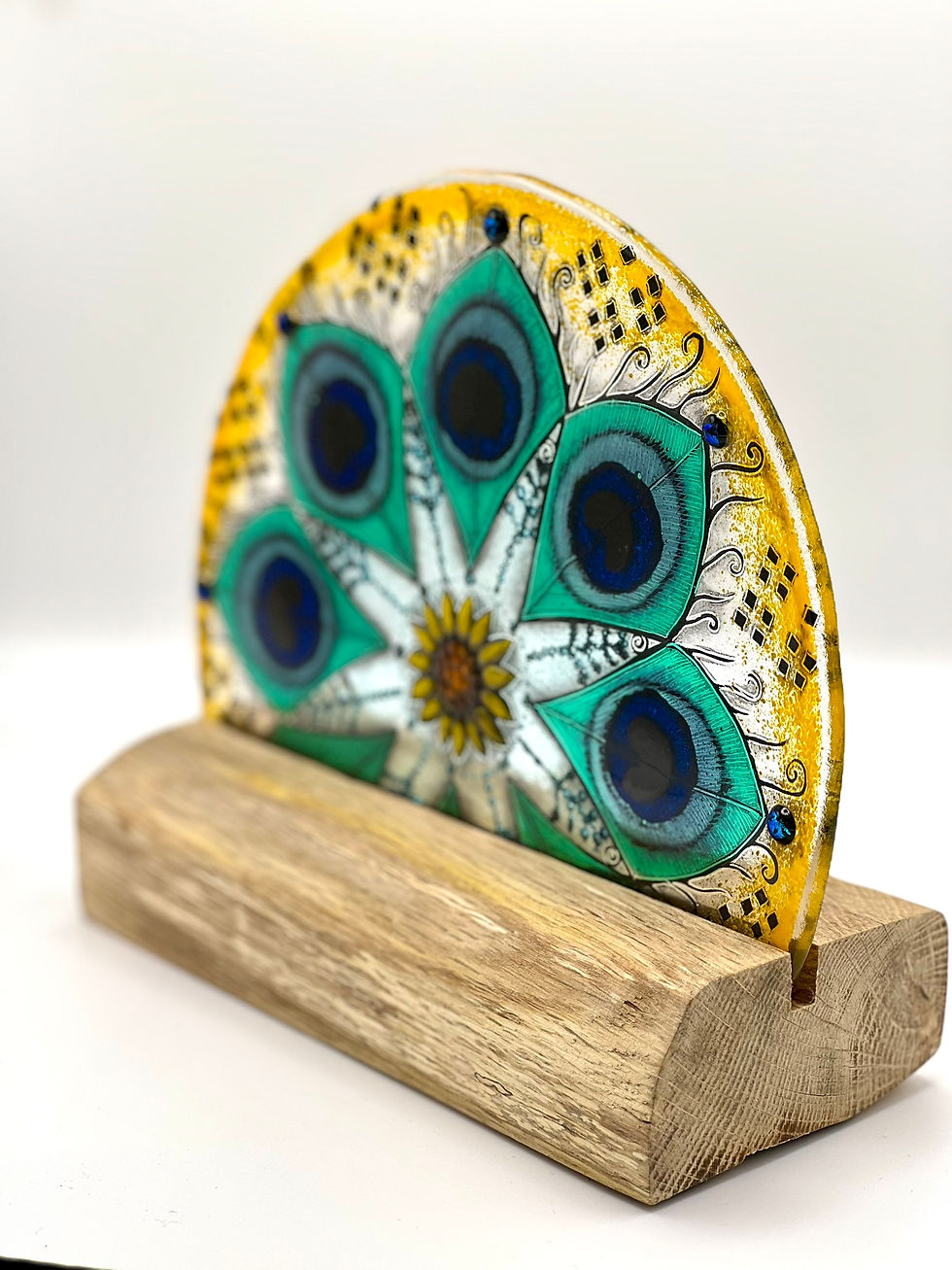 Thumbnail: Peacock Feather Mandala Pattern in Wooden Base