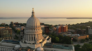 Aerial view of City of Madison. The capital city of Wisconsin from above. Drone flying ove