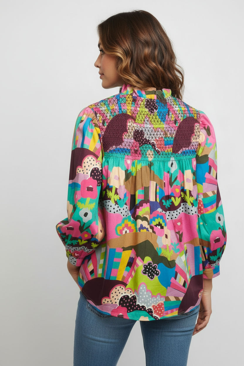 Thumbnail: Blusa Estampado Multicolor Abstracto y Detalle de Nido de Abeja