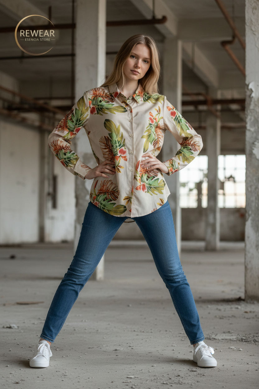 Blusa Camisera con Estampado Tropical
