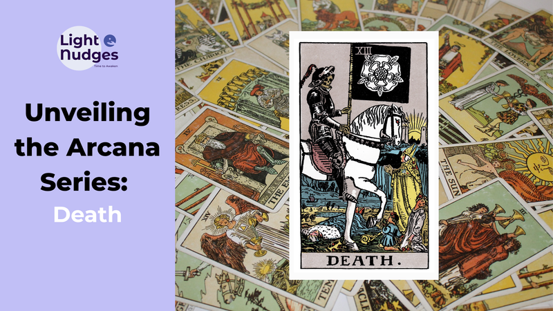 Light Nudges Arcana Series featuring The Fool tarot card with scattered cards background.