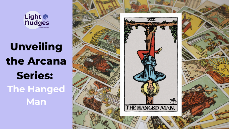 Light Nudges Arcana Series featuring The Fool tarot card with scattered cards background.