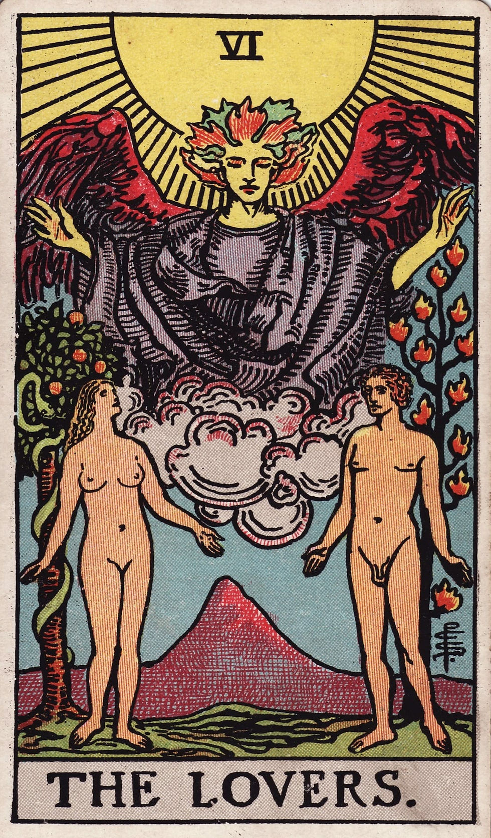 The Lovers Tarot card from the Rider–Waite-Smith deck, depicting a nude man and woman standing beneath an angel with red wings and a radiant sun. A tree with a serpent is behind the woman, and flames grow behind the man. A mountain rises between them, symbolizing choice, duality, and divine union.