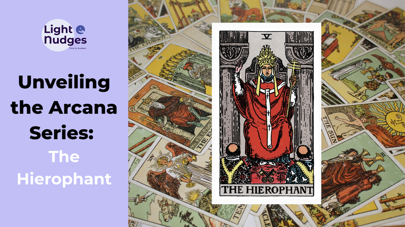 Light Nudges Arcana Series featuring The Fool tarot card with scattered cards background.
