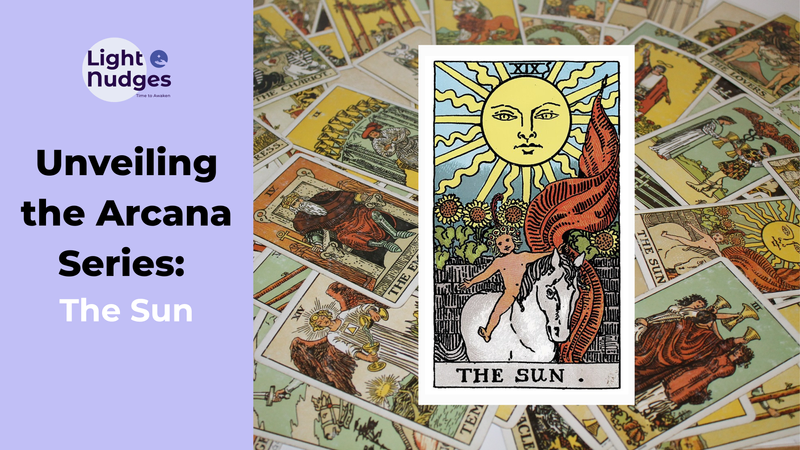 Light Nudges Arcana Series featuring The Fool tarot card with scattered cards background.