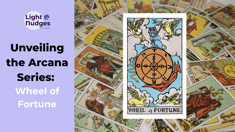 Light Nudges Arcana Series featuring The Fool tarot card with scattered cards background.