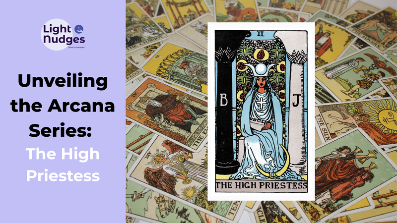 Light Nudges Arcana Series featuring The Fool tarot card with scattered cards background.