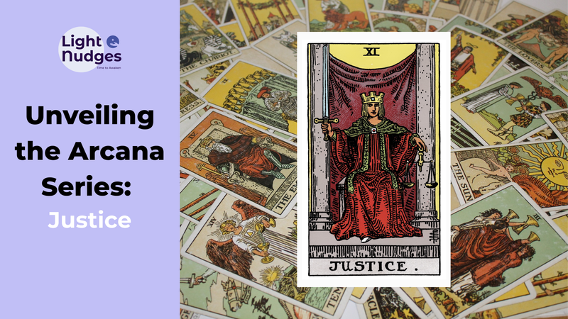 Light Nudges Arcana Series featuring The Fool tarot card with scattered cards background.