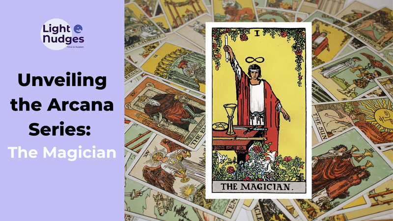 Light Nudges Arcana Series featuring The Fool tarot card with scattered cards background.