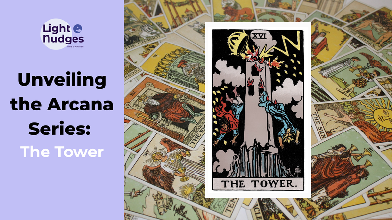 Light Nudges Arcana Series featuring The Fool tarot card with scattered cards background.