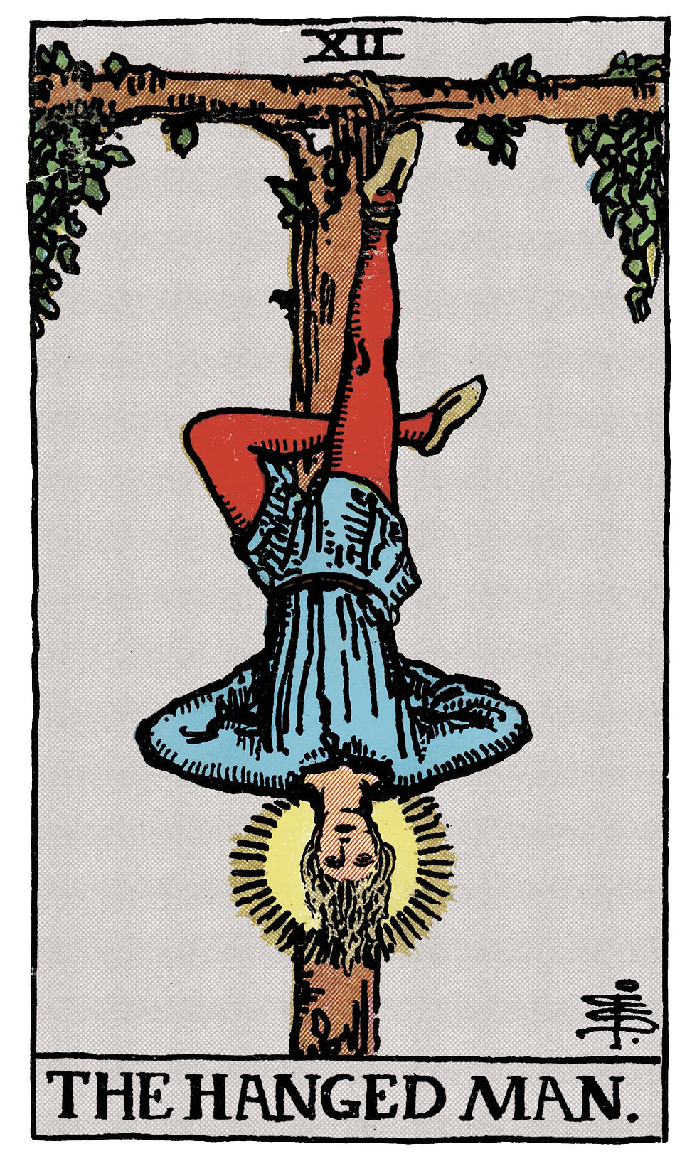 Tarot card of The Hanged Man shows a figure upside down on a tree. He wears red pants and a blue shirt, with a serene expression.