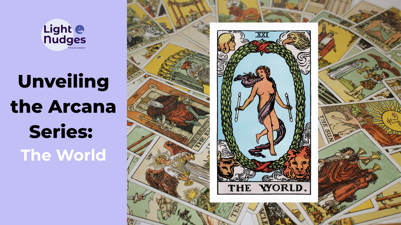 Light Nudges Arcana Series featuring The Fool tarot card with scattered cards background.