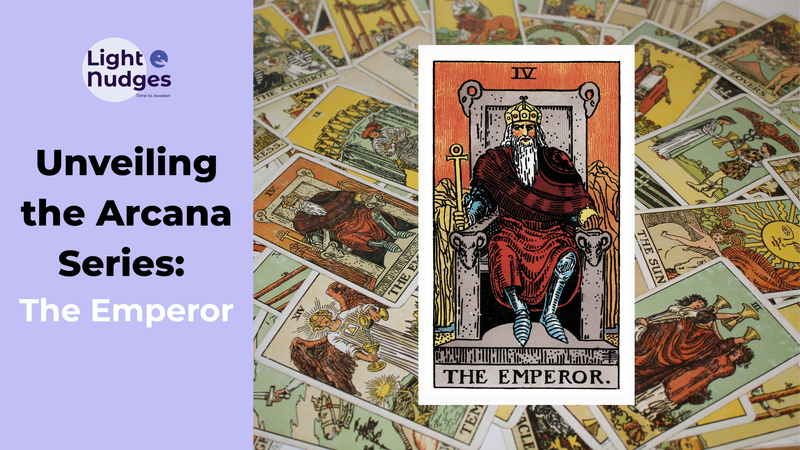 Light Nudges Arcana Series featuring The Fool tarot card with scattered cards background.