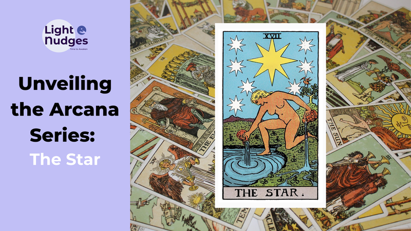 Light Nudges Arcana Series featuring The Fool tarot card with scattered cards background.