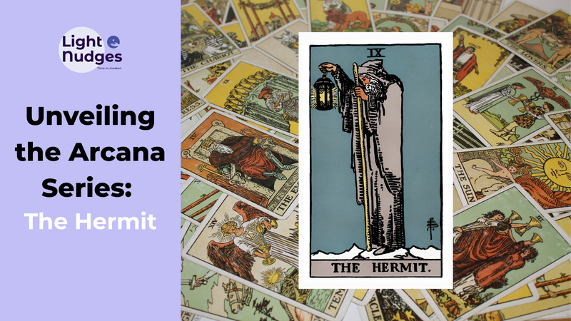 Light Nudges Arcana Series featuring The Fool tarot card with scattered cards background.