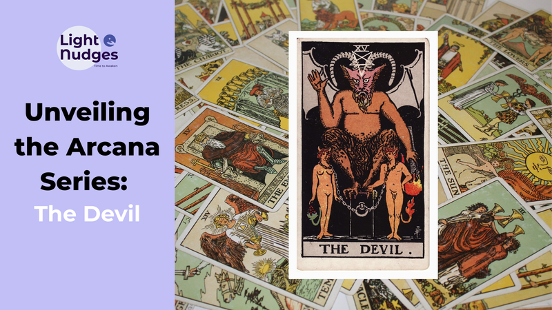 Light Nudges Arcana Series featuring The Fool tarot card with scattered cards background.