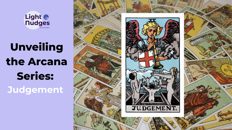 Light Nudges Arcana Series featuring The Fool tarot card with scattered cards background.