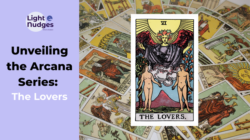 Light Nudges Arcana Series featuring The Fool tarot card with scattered cards background.