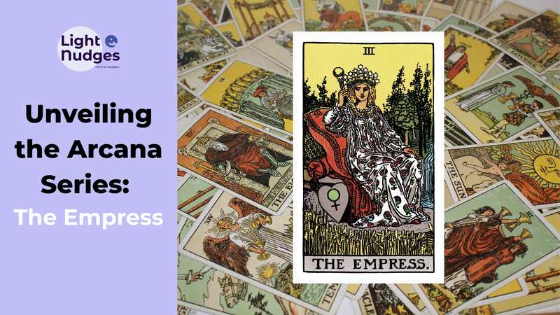 Light Nudges Arcana Series featuring The Fool tarot card with scattered cards background.
