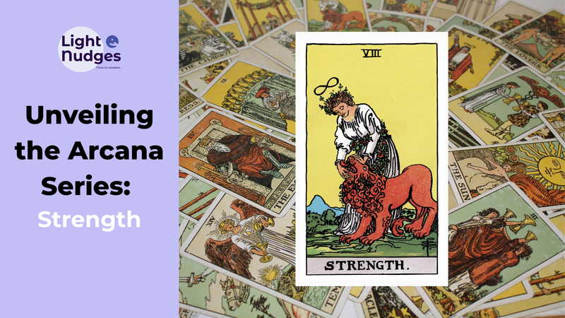 Light Nudges Arcana Series featuring The Fool tarot card with scattered cards background.