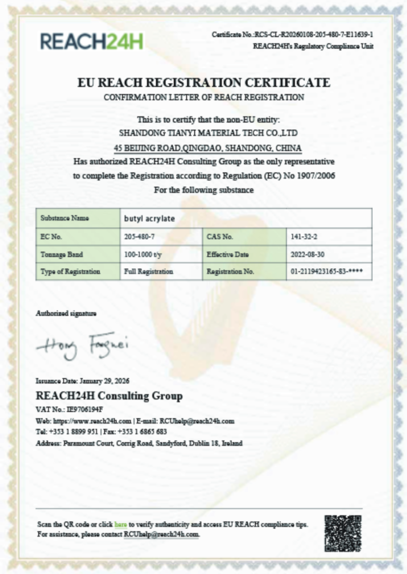 EU REACH REGISTRATION CERTIFICATE
