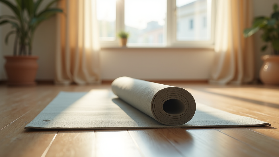 Eye-level view of a yoga mat rolled out in a bright, cozy room