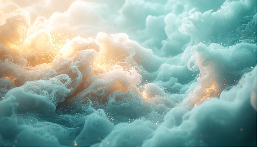 Brume abstraite turquoise et dorée aux volutes douces parsemées de particules lumineuses, évoquant la dissolution de la fatigue dans une lumière régénératrice.