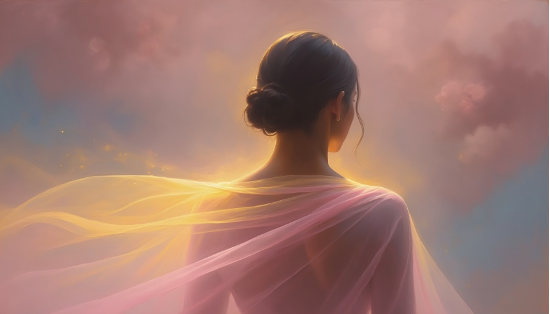 Silhouette de femme vue de dos drapée dans un voile fluide de lumière dorée et rose poudré sur fond ciel bleu doux, symbole du lâcher-prise et de la rivière de lumière – Yoga Nidra 20 min Stéphanie Bonheur & Bien-être.