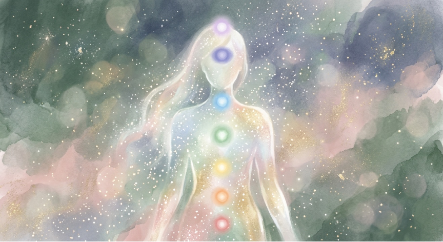 Silhouette féminine éthérée de lumière blanche avec chakras colorés illuminés, entourée de particules dorées et de brume sage green, illustrant la rotation de conscience en yoga nidra