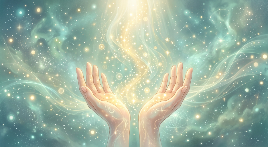 Illustration éthérée de deux mains ouvertes vers le ciel recevant une lumière dorée dans un univers cosmique turquoise, symbolisant la réception et le lâcher prise dans la pratique du yoga nidra.