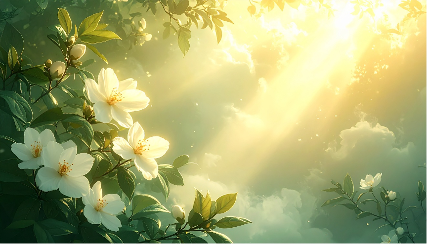 Branches fleuries aux pétales blancs s'épanouissant dans une lumière dorée et une brume verte apaisante, symbole du calme profond et de la régénération intérieure en yoga nidra, image de Stephanie Bonheur & Bien-être