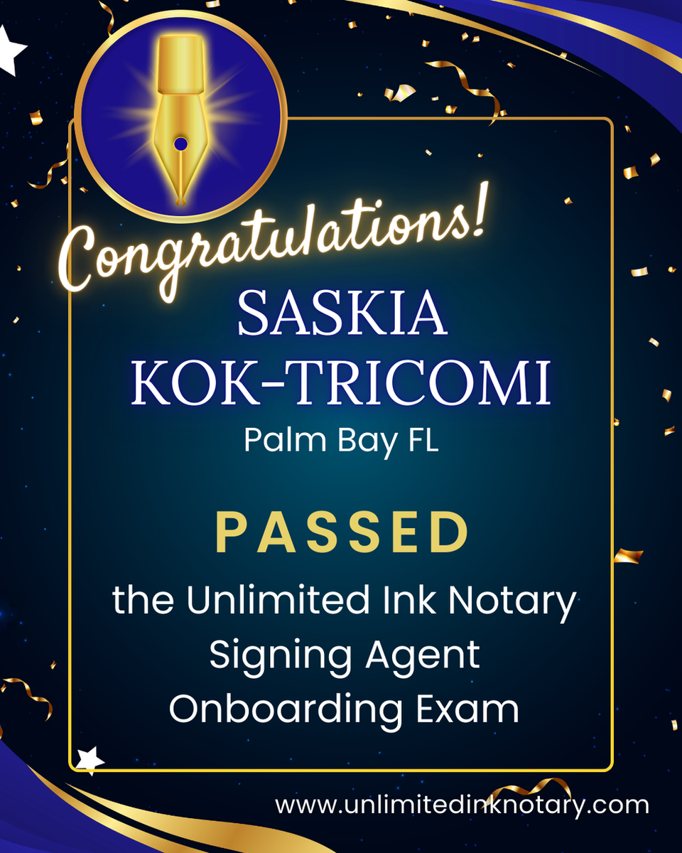 Saskia Kok-Tricomi, Notary public, Palm Bay Florida, Passed Unlimited Ink Notary's Onboarding Exam