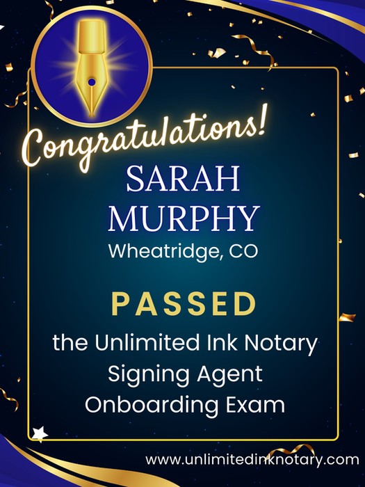 Sarah Murphy, Notary public, Wheat Ridge Colorado, Passed Unlimited Ink Notary's Onboarding Exam
