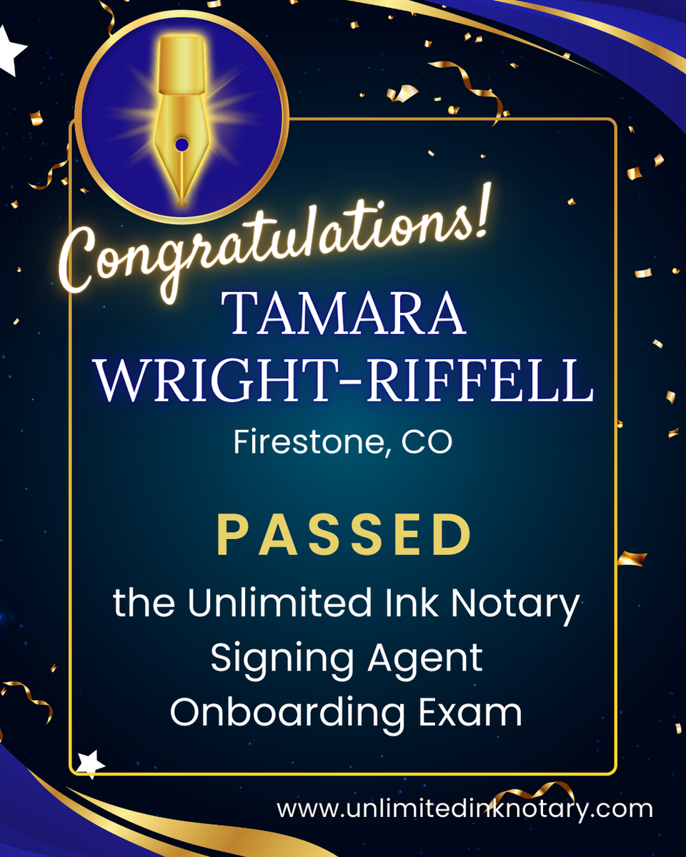 Tamara Wright-Riffell, Notary public, Firestone Colorado, Passed Unlimited Ink Notary's Onboarding Exam