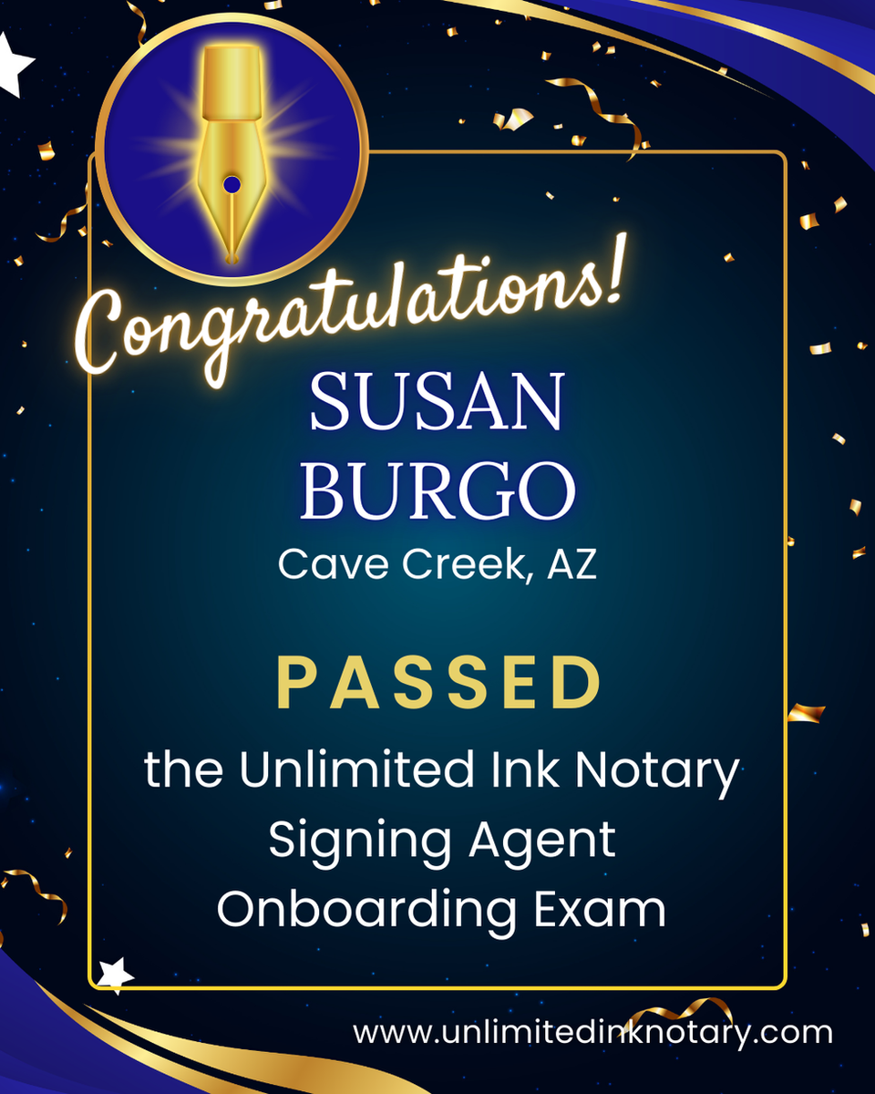 Susan Burgo, Notary public, Cave Creek Arizona, Passed Unlimited Ink Notary's Onboarding Exam