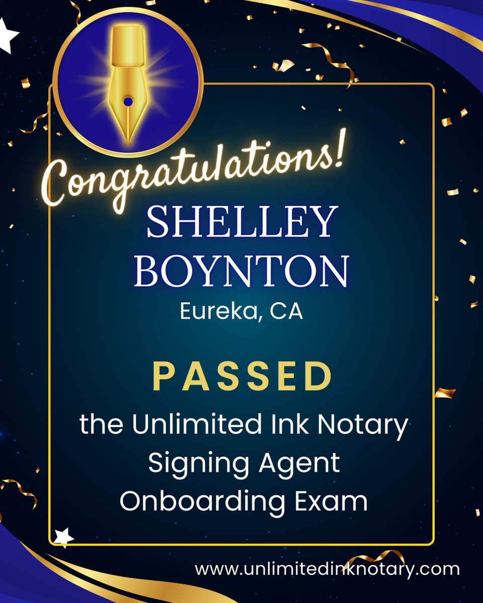 Shelley Boynton, Notary public, Eureka California, Passed Unlimited Ink Notary's Onboarding Exam