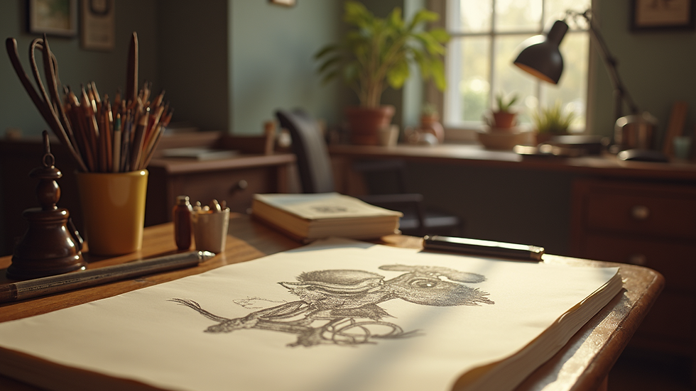 Eye-level view of a vintage animation desk with classic drawing tools