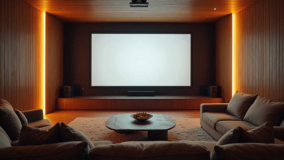 Wide angle view of a modern home theater setup with a large screen and cozy seating
