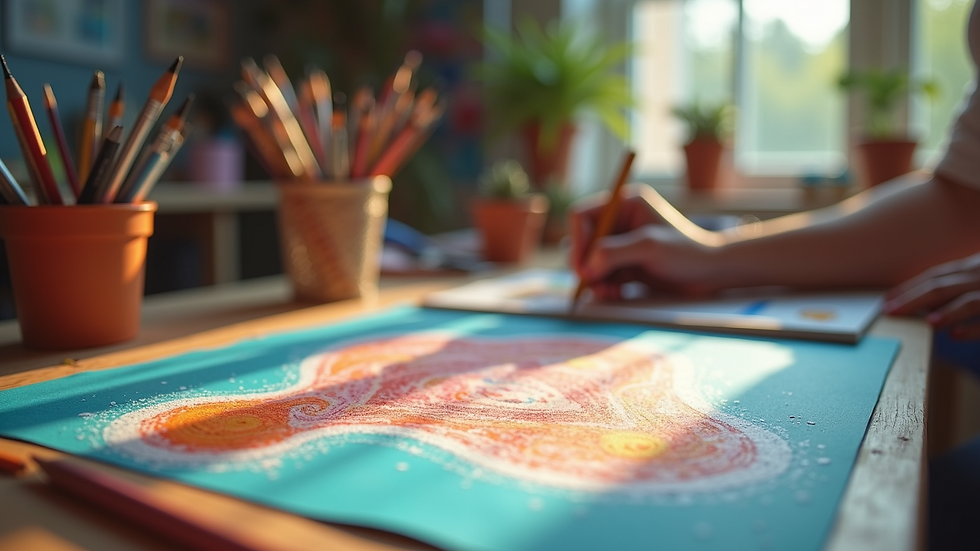 Close-up view of a colorful animation workshop setup with drawing tools