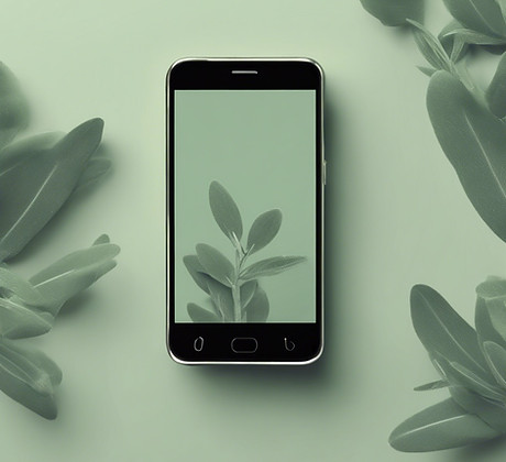 social media manager branding specialist. sage green leaves, background is sage green with iPhone in the centre