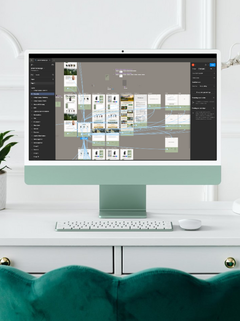 Moderner Schreibtisch mit einem iMac in grün, der ein Webdesign-Tool zeigt