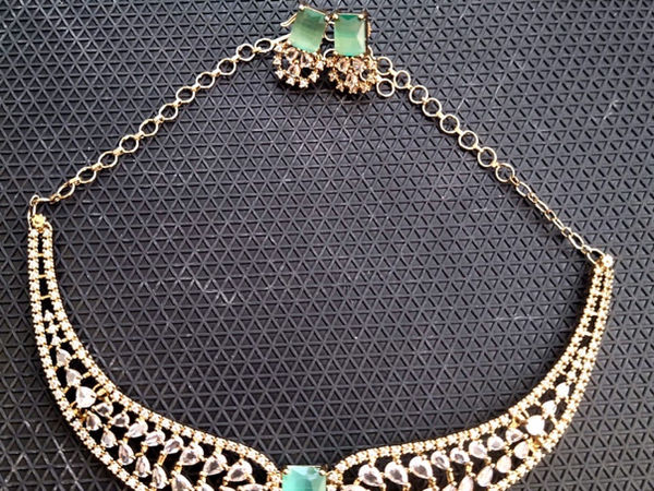 Green Stone and Crystal Choker Necklace Set with Earrings