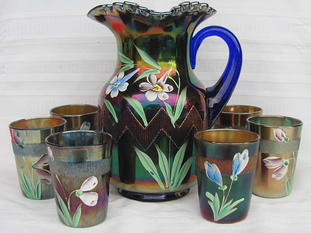 (Enameled) Columbine 7 pc. water set, blue. Northwood