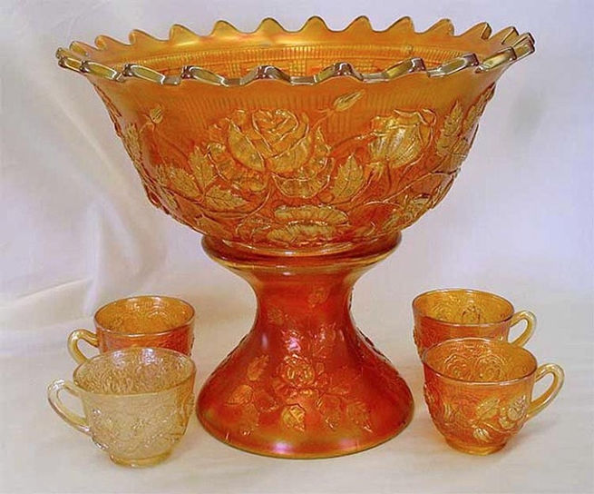 Wreath of Roses punch bowl and cups, marigold