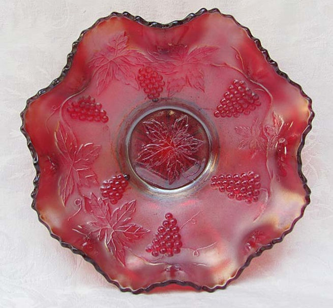 Vintage Grape 8 ruffled 9 3/4" bowl, red silvery