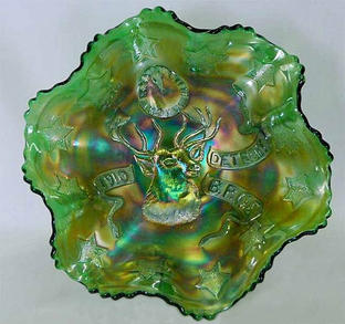 FENTON, 1910 Detroit BPOE Elks ruffled bowl - green