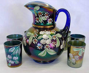 (Enameled) Cherries & Little Flowers 7 pc. water set, blue, Northwood