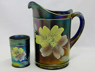 (Enameled) Apple Blossom pitcher and tumbler, blue, Northwood
