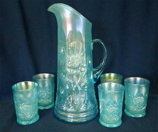 Oriental Poppy ribbed 6 pc. tankard water set, ice blue