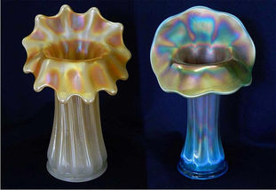 Corinth 9" JIP vases in moonstone and blue opal by Westmoreland